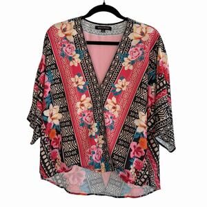 Womens Faux Wrap Kimono Blouse Top Black Pink M Boho Colorful Resort Vacation